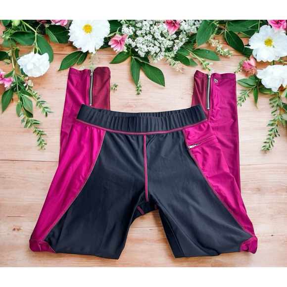 WORK Lovers + Friends Athletic Leggings Sz Large Black Magenta 28" Inseam Gym - Picture 1 of 8